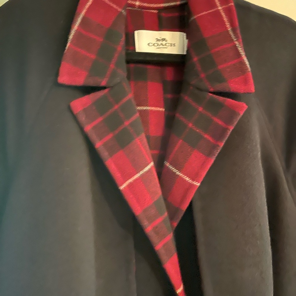 Women’s Coach Relaxed fit large Never Worn Wool Belted Trench Red Plaid Trim - Picture 5 of 11